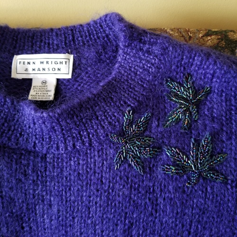 Purple soft, warm, light, mohair, oversize M, beaded leaf sweater, vintage 80s